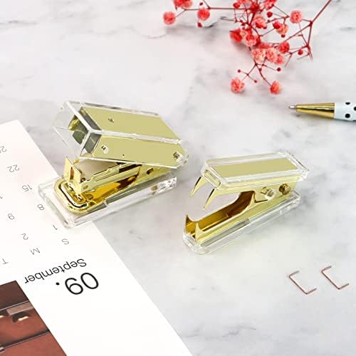 Multibey Mini Gold Stapler со Staples, акрилен метален биро спотлер со 26/6 главни делови, 18 листови капацитет, мал степлер за