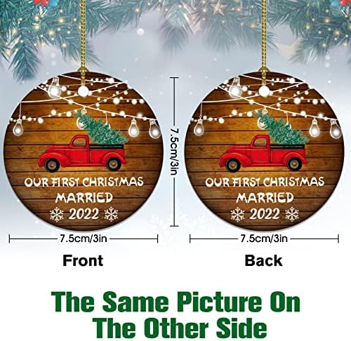 2022 Божиќен украс Прв Божиќ оженет украс 2022 година, подарок за украс на црвени камиони за новогодишно дрво, двојки Божиќно