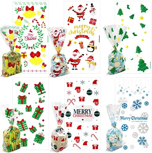 Хидримс 120 парчиња Божиќни Торби За Лекување Божиќни Кеси За Лекување Целофан Со Пресвртни Врски За Бонбони Колачиња Добрите Подароци