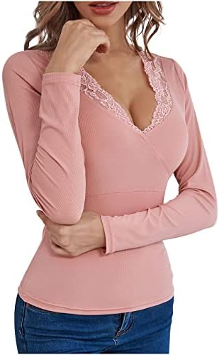 Women'sенски V-врат пулвер кошула за дното на секси чипка за крпење плетена чипка V-врата цврста боја за жени