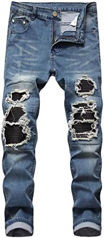 Машки искинато истегнување на слаби фармерки тенок фит хип хоп потресени панталони гроздобер уништени патенти од џин панталони