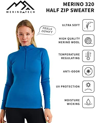 Merino.Tech Merino Wool Base Layer Women - мерино половина поштенски џемпер жени средни, термички кошули со тешка категорија