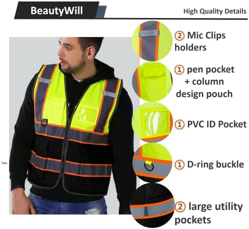 BeautyWill Weaffer Mesh Safety Vest Прилагодено лого Класа 2 Висока видливост Рефлексивен елек со џебови за градежни работи