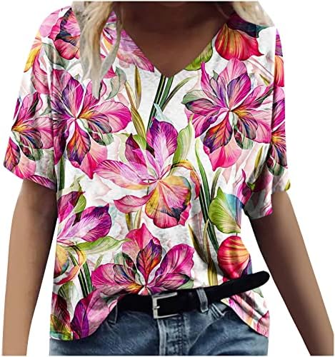 Дами цветни графички блузи со краток ракав брод против вратот Памук среќен подарок салон блуза маичка за тинејџери девојки ЕК