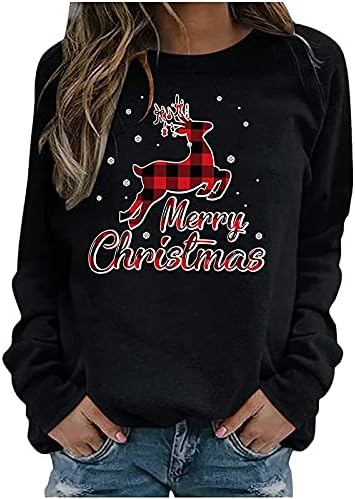 Синзелимин женски маички врвови модни Божиќ печатени долги ракави о-вратот маица пулвер блуза Туника за туники врвови на врвови