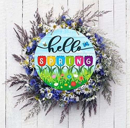 Waahome Здраво пролетен знак Венец за декор на влезната врата, цвеќиња од пеперутка во целосен цвет на пролетни украси на вратата,