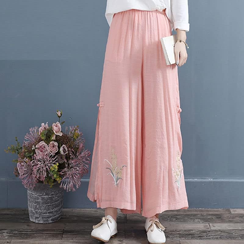 Кинески национален стил ретро елегантни пакувања широки нозе извезени цветни обични еластични панталони за половината за жени Color3 s