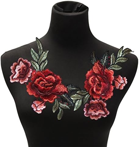 Црвена роза цвеќиња Печ извезена цветна апликација Шие на закрпи за облека од ткаенини од чипка DIY занаетчиски снабдување од iaиауфми