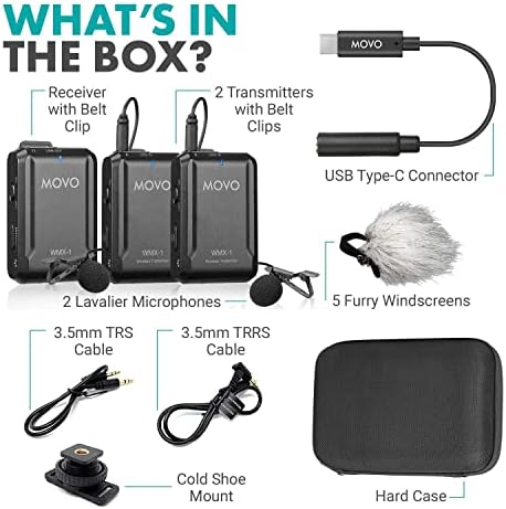 Movo WMX-1-DUO USB Type-C пакет-двоен безжичен систем за микрофон со двојни безжични лавалиер, компатибилен со DSLR камери, iPhone,
