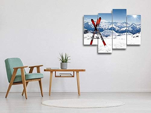 Пар на црвени скии вкрстени и венчани во снег на планинско платно платно wallидна уметност што виси слики модерни уметнички дела