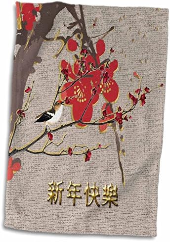3д Роза Прекрасни Цветови Од Слива и Птичји Црвено-Златни-Среќна Кинеска Новогодишна Крпа за Раце, 15 х 22