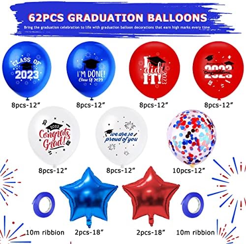 Сини Црвени Балони за Дипломирање 62 парчиња Украси За Забави За Дипломирање 2023 Сини И Црвени Конфети Латекс Балони Балони Со Сина Црвена
