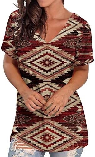 Гроздобер графички маици за жени лабави маички со краток ракав западно Ацтек геометриски принт v вратот врвови летни маички