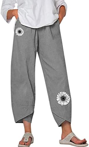 Zdferенски памучен постелнина еластична панталона од половината печати плажа исечени товарни џемпери со џебни обични капри панталони