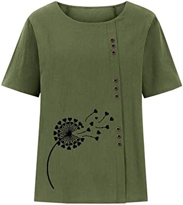 Женска памучна постелнина кошула глуварче преголема туника маичка екипаж вратот кратки ракави блузи врвови трендовски обични копчиња