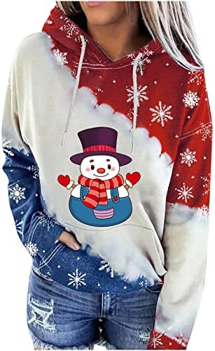 Цртани графички дуксери за жени Симпатични божиќни качулки во боја на џемпери во боја на врвови со долги ракави со џеб