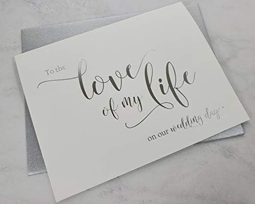 Сет од 2 картички за свадба на сребрена фолија со сребрени треперливи коверти, до loveубовта на мојот живот на нашата картичка за денот