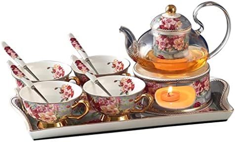 ZLXDP Европски стил Ретро растителски чај сет, Исклучителна попладневна чаша чај, стакло загреан цвет чајник, овошен чај