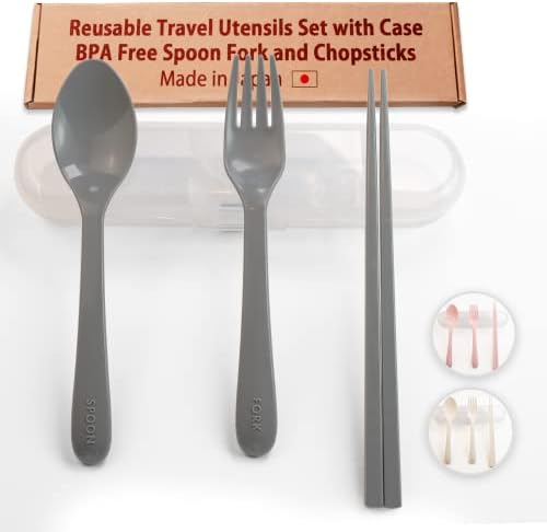 Последно преносни прибор за патувања со кутија - БПА бесплатна цврста пластична вилушка, лажица и стапчиња за јадење со случајот,