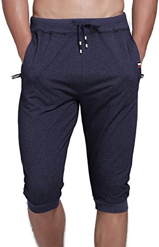 Ysento машки памук обичен 3/4 џогер кој работи капри панталони под коленото салата за вежбање шорцеви патенти џебови