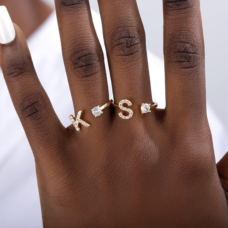 T3STORE Nitial A -Z 26 буква прстен за жени со двојка ангажман Свадба накит ШАРМ РИНГ Прилагодлив циркон прстен - Златна боја - Расположен -37237