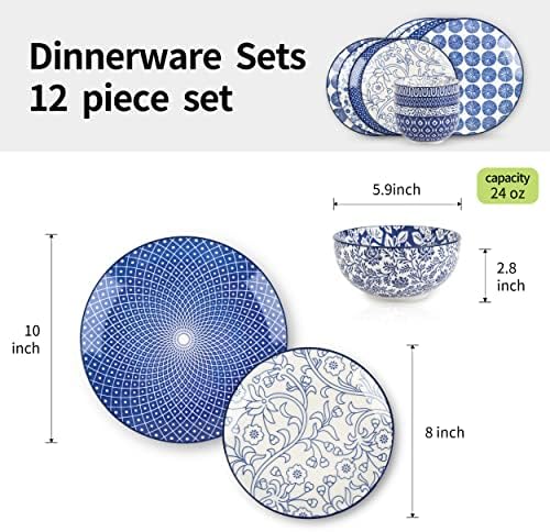 Сетови за вечера со керамички керамички 12 парчиња, керамички плочи за садови и плочи за чинии, услуга за 4, чинија за десерт за салата за вечера и сет на чинии за житн?