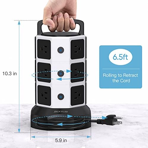 Power Strip Tower Jackyled Surge Protector Electric Charging Station 3000W со USB Charger Chub со брзо полнење 3.0 Jackyled