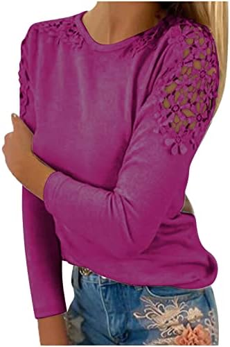 Женска шуплива маица цврста боја со долги ракави со долги ракави, маички кошули чипка чиста пукаловер тенок фит блуза врвови