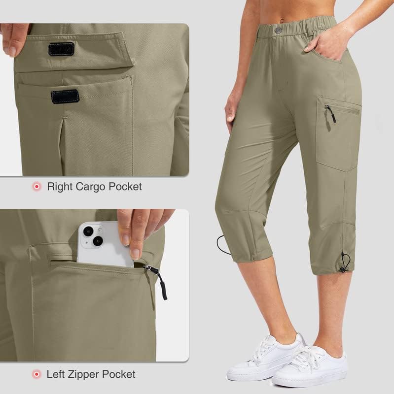 Santенски пешачки панталони Капри со 5 џебови, лесен сув карго каприс за жени кои патуваат случајно лето