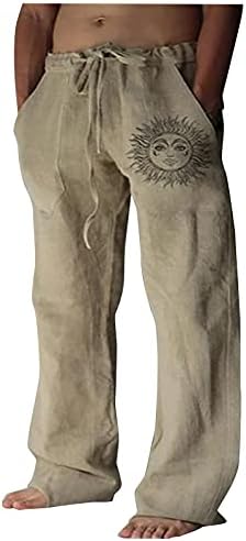Памучни Ленени Панталони За Мажи, Секојдневен Отпечаток Од Сонце Широки Широки Хипи Стил Ретро Класични Лесни Јога Панталони