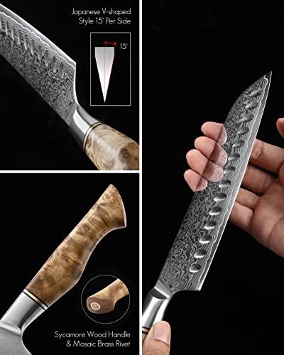 Нож на Хезен 7 ”Сантоку, нож од челик во Дамаск, азиски кујнски нож јапонски стил, сфатена рачка од дрво од сикамор
