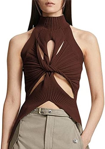 Women'sенски ребрестиот плетен резервоар врвови секси исечен пресврт на јазол предниот дел од џемперот џемпер без ракави, без ракави,