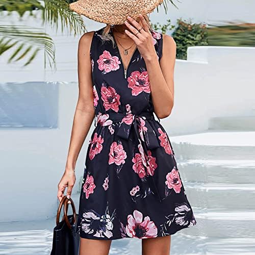 Letterенски летен фустан од вратот, цветен печатен патент, мини сундерс одмор, обични фустани на плажа со појас