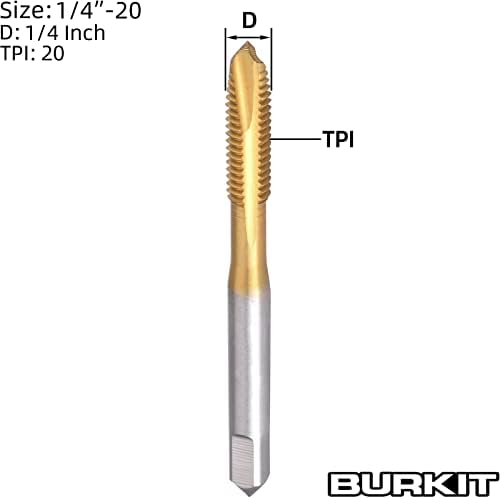 Burkit 1/4 -20 UNC Spiral Point Tap, HSS Titanium облога за обложување на спирална точка навојување допрете 1/4 x 20 UNC