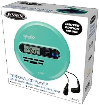 Jensen CD-65 Teal Portable Personal CD Player CD/MP3 плеер + Дигитален AM/FM радио + со LCD дисплеј бас засилување од 60-секунди анти-прескокнување