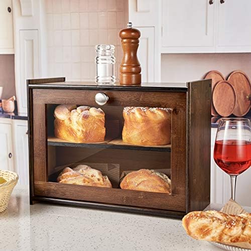 Кутија за леб за Кујна, Кутија За Складирање Бамбус со 2 Прилагодлив Слој, Дрвена Кутија За Леб Со Акрилен Стаклен Прозорец,