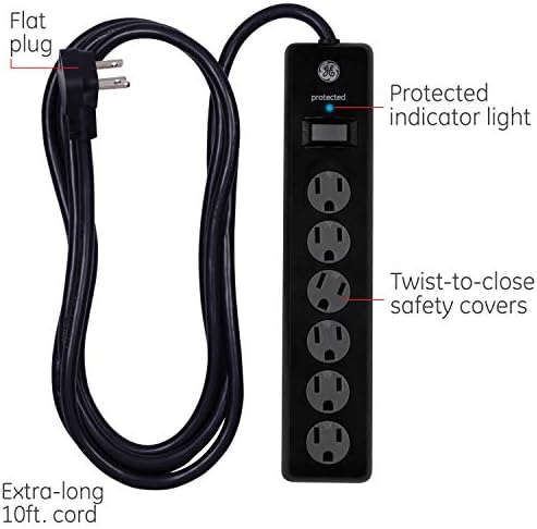 GE Power Strip Surge Protector, 6 продажни места, рамен приклучок, дополнителен кабел за долга моќност, заштитник за засилување од 8FT & 6-Outlet,