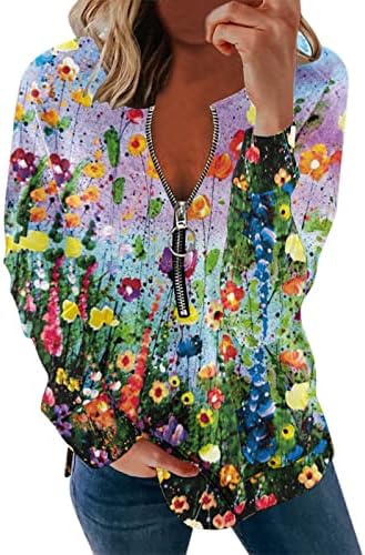 Womenените кошула со долги ракави Хенли врвови со цвеќиња за цвеќиња од цвеќиња, облека, атлетски влезови врвови, трендовски врвови на туника