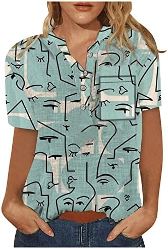 Летно копче надолу кошули за жени, женска обична модна памучна постелнина печатена маица лабава блуза со кратки ракави на врвот
