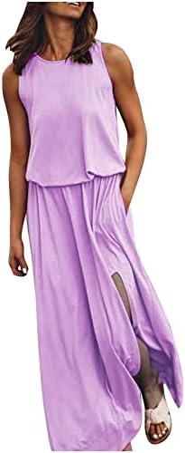 Фелегд женски летни обични резервоари фустани моден тркалезен врат без ракави, цврста боја, лабав фустан со долга плажа со џеб