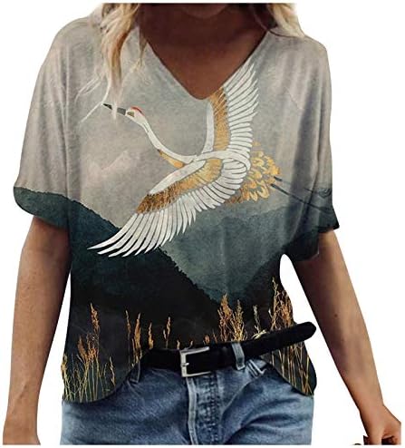 Женски врвови облечени обични модни печатени маички со екипаж со кратки ракави лабави вградени маички летни туники блузи