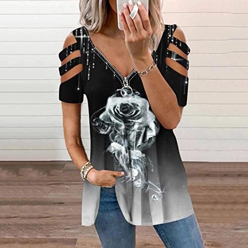 Гроздобер цветен печатен маица блуза краток ракав патент пулвер дами врвови дупки зашивање на суштински маици за жени