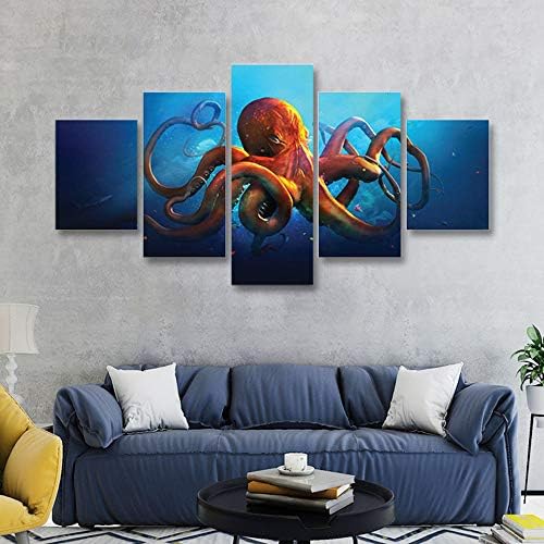 Meigan Art- 5 парчиња длабоко-море октопод wallиден уметност сликање на сликата на платно животни слики за подарок за украси за украси