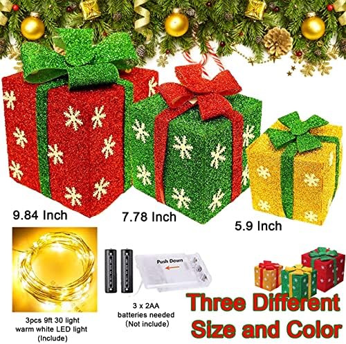 3 компјутери Божиќни осветлени кутии за подароци Декорации со лакови, 60 LED црвени зелени жолти снегулки, присутни кутии, украс