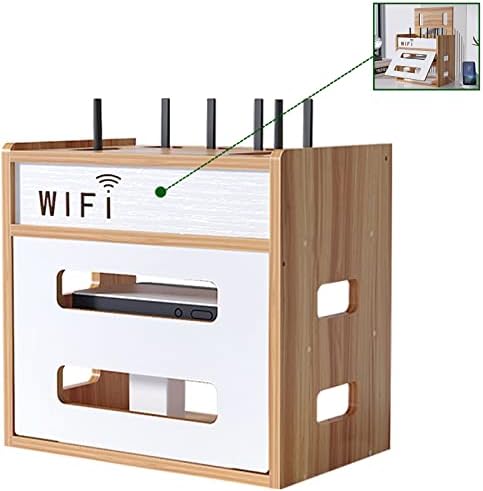 Кутија за складирање на десктоп WiFi Router, огради на рутер за напојување, единици за стоење на полици, дрвени кабел за управување со