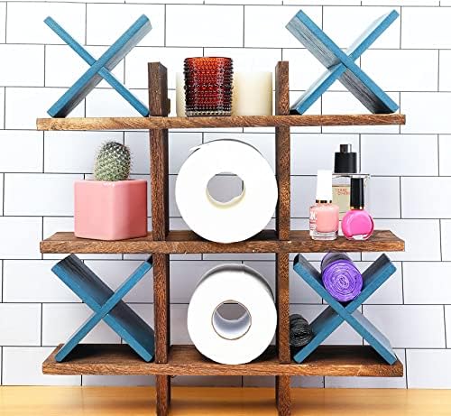 Tic Tac Toe Toit Hollower wallид, дрвена тоалетна хартија за складирање за декор за бања, уникатно складирање на wallидови од тоалетна хартија за рустикален дом за украси