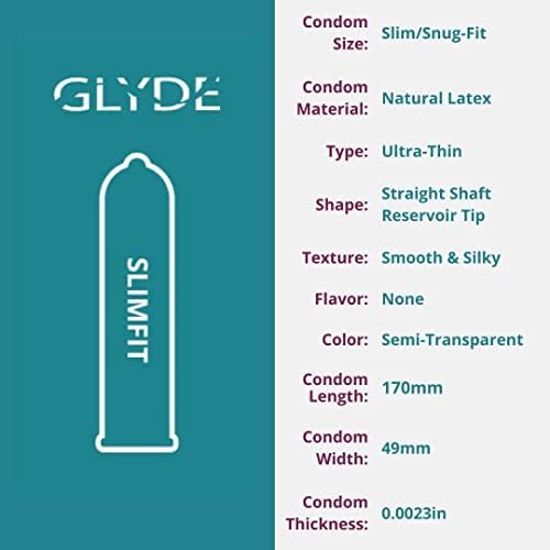 Glyde Slimfit - Snug Fit Condoms - 12 брои - ултра -тенки, вегански, нетоксични, помала големина природна гума латекс - 49мм за построго
