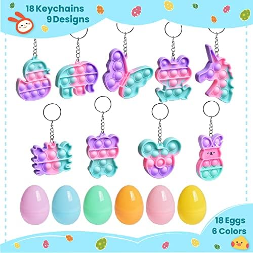 Забавни мали играчки 18 парчиња фигури за играчки за клучеви исполнети со велигденски јајца, 18 велигденски јајца со поп -меурчиња играчки