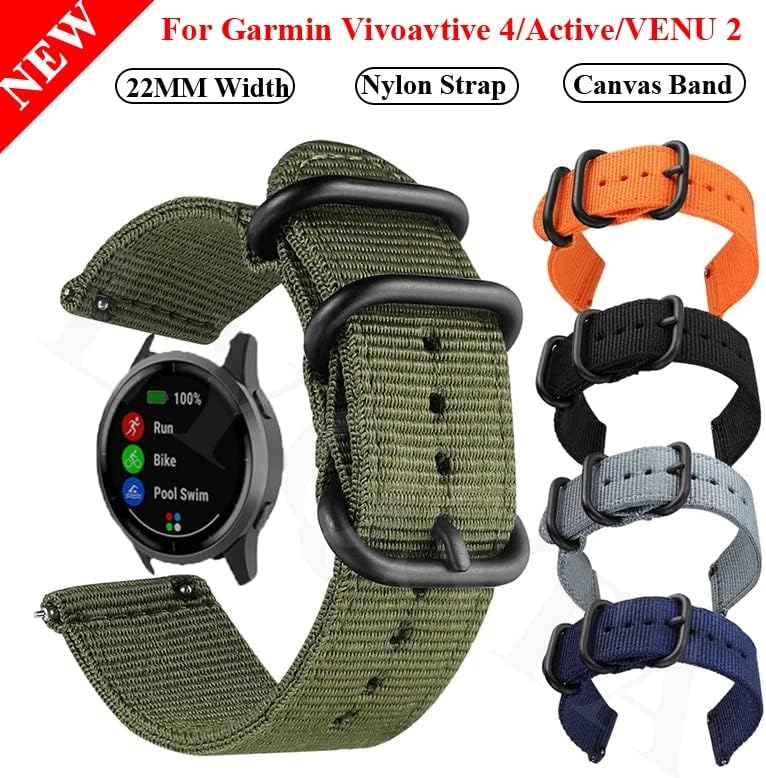 Ganyuu 22mm најлонско каиш за платно за Garmin Venu 2/Active/VivoActive 4 Smart Watch Band Rable Correa Watchband VivoActive4 Нараквица