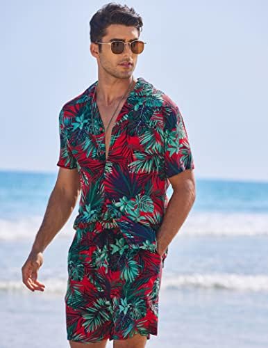 Коофанди машка хавајска кошула и краток сет цвет 2 парчиња облека на плажа со капи со корпи